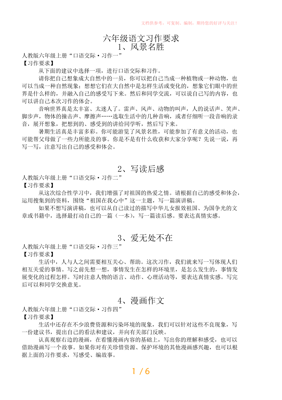 六年级习作要求(全册)供参考_第1页