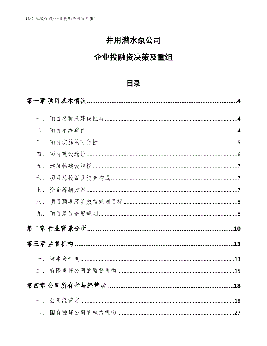井用潜水泵公司企业投融资决策及重组（模板）_第1页
