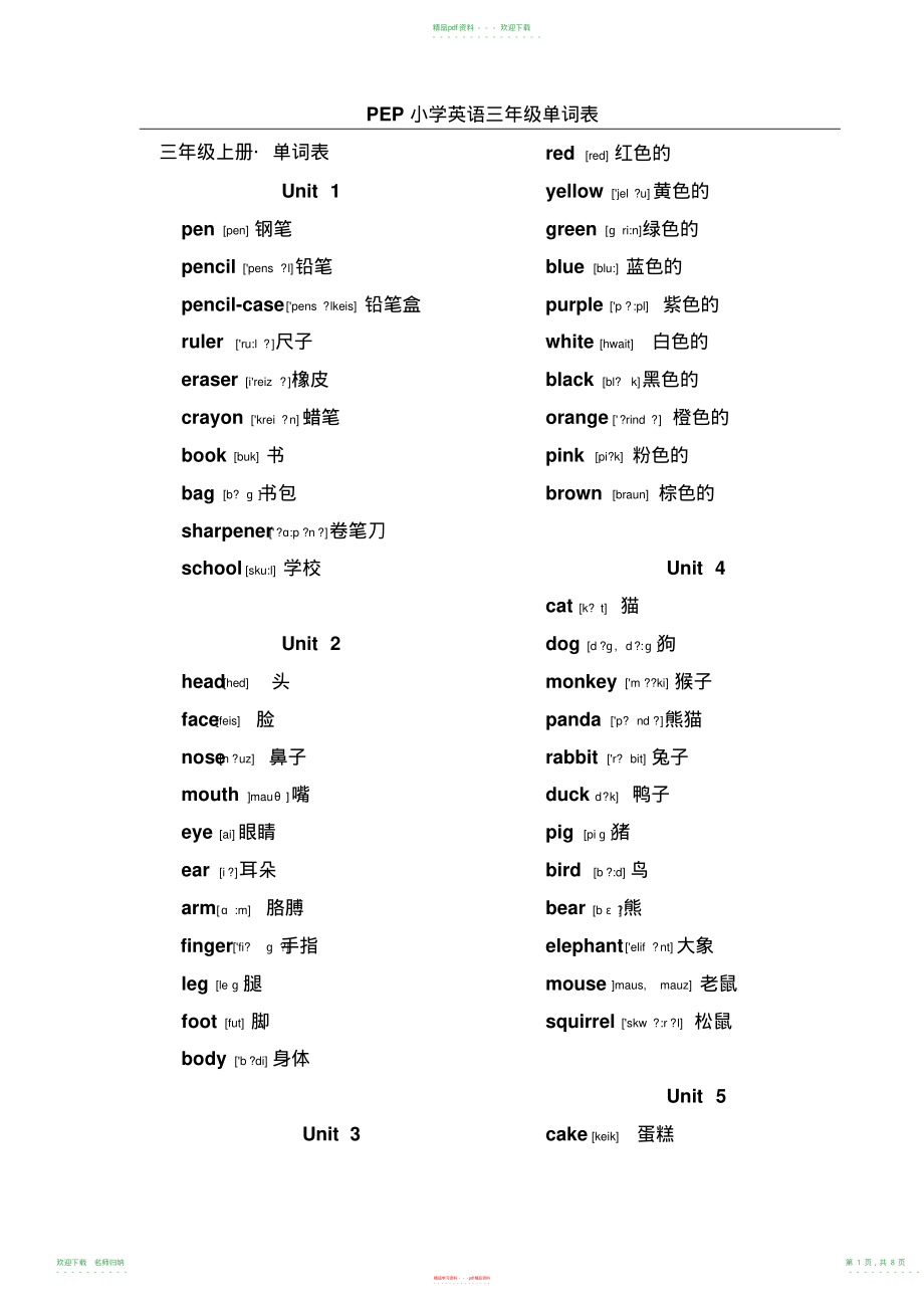 小学英语PEP三年级下册生字单词(带音标)_第1页