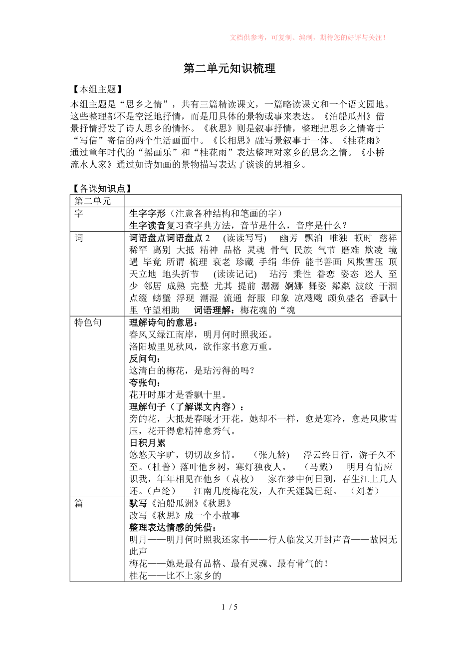 五年级上语文第二单元知识梳理参考_第1页