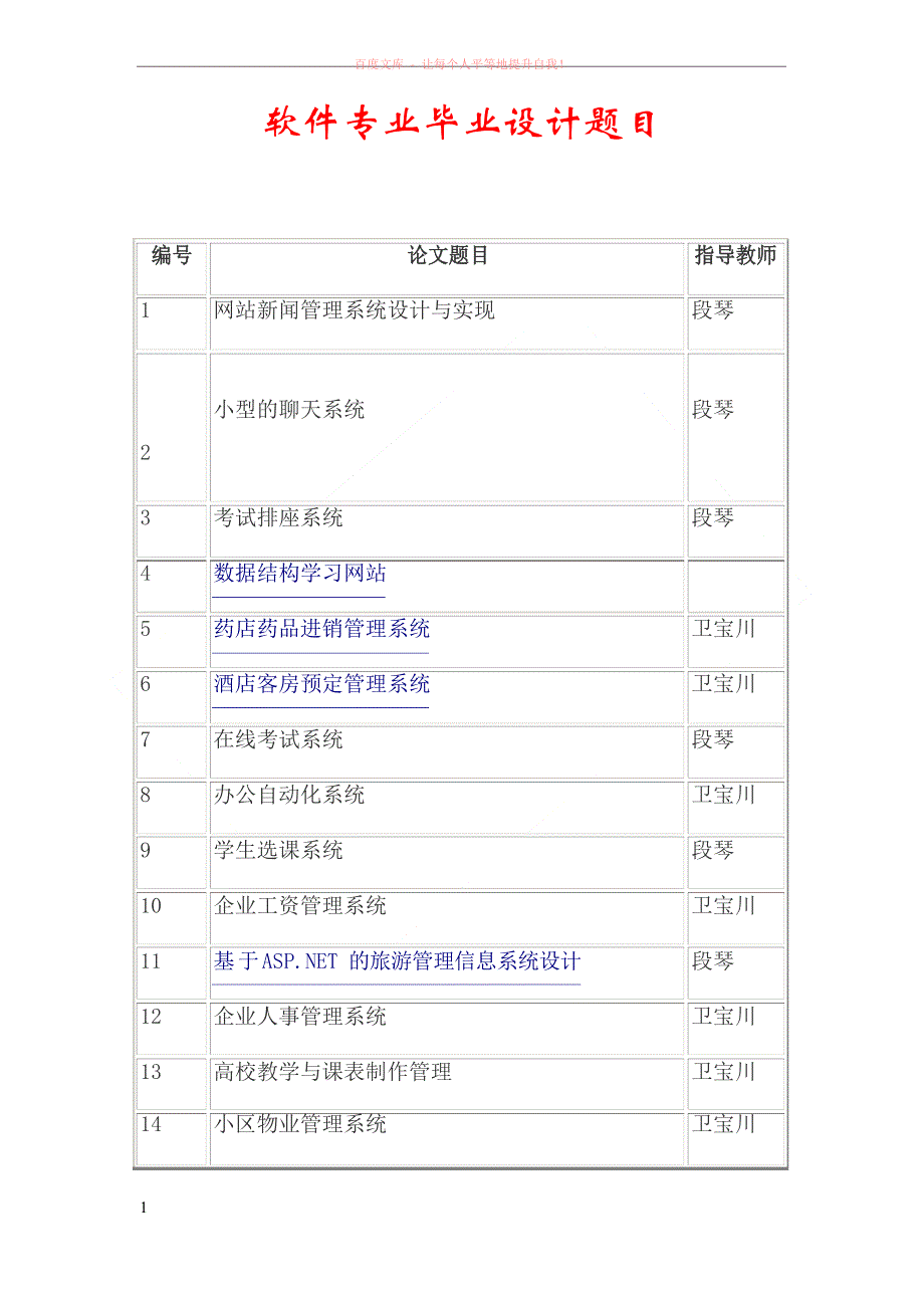 计算机软件专业毕业设计题目参考 (1)_第1页