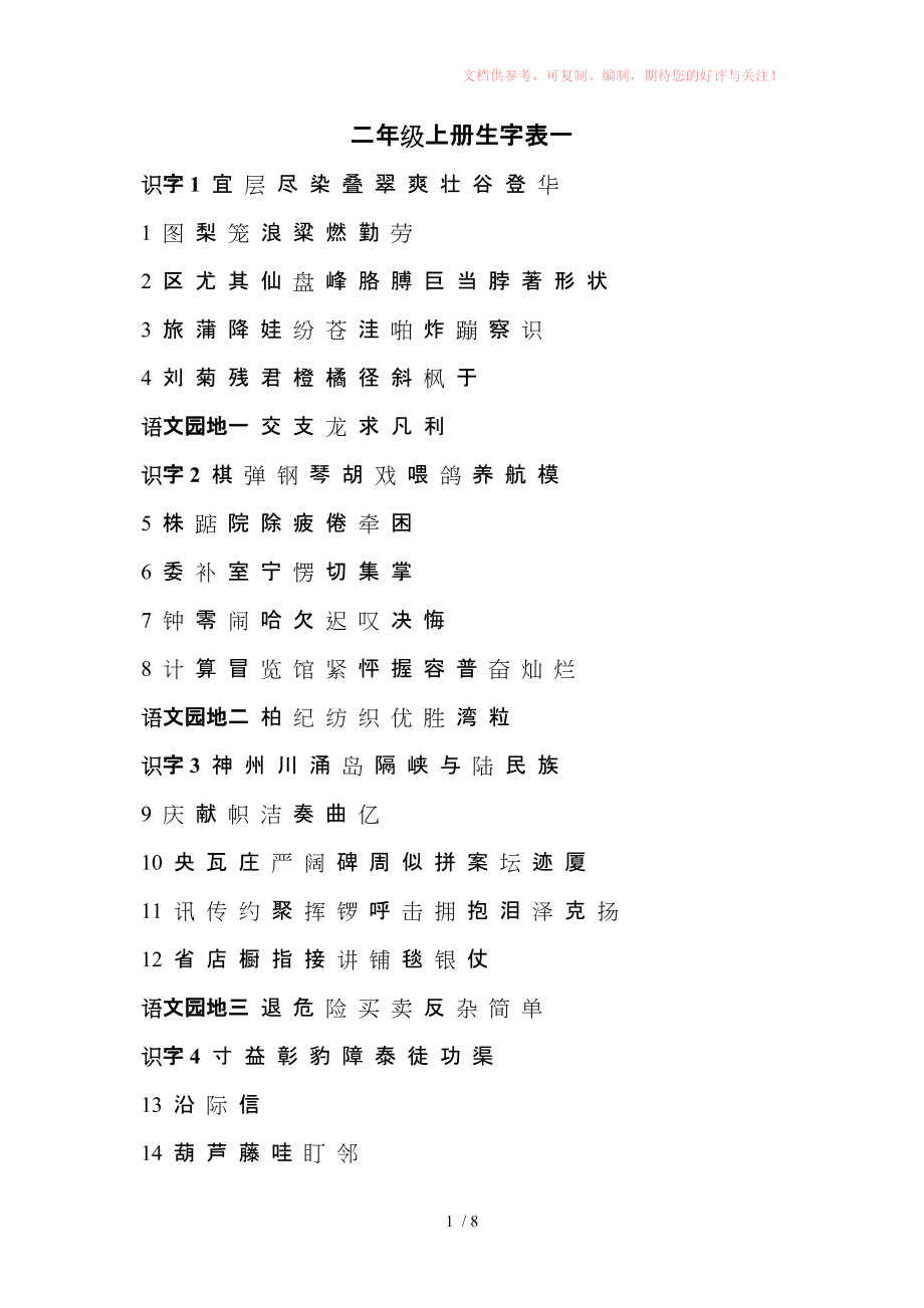 人教版二年级上下册生字表参考_第1页