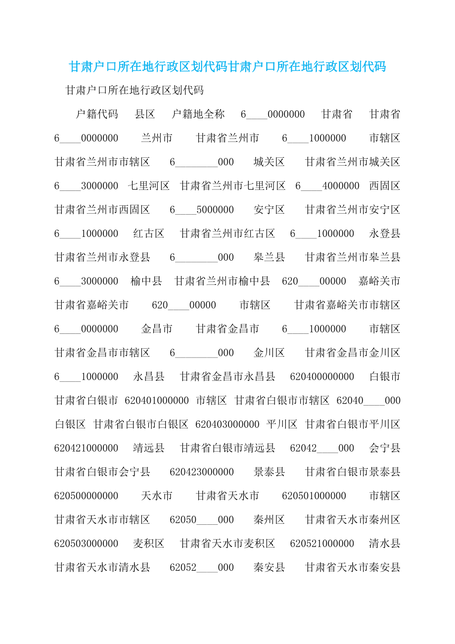 甘肃户口所在地行政区划代码甘肃户口所在地行政区划代码_第1页