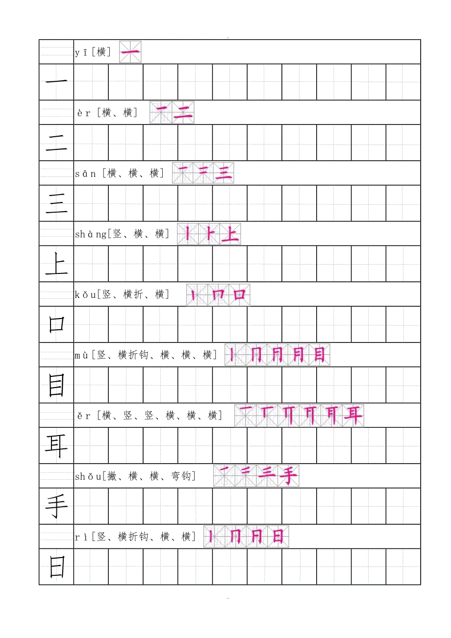 部编人版语文一年级上生字田字格笔顺表带拼音_第1页