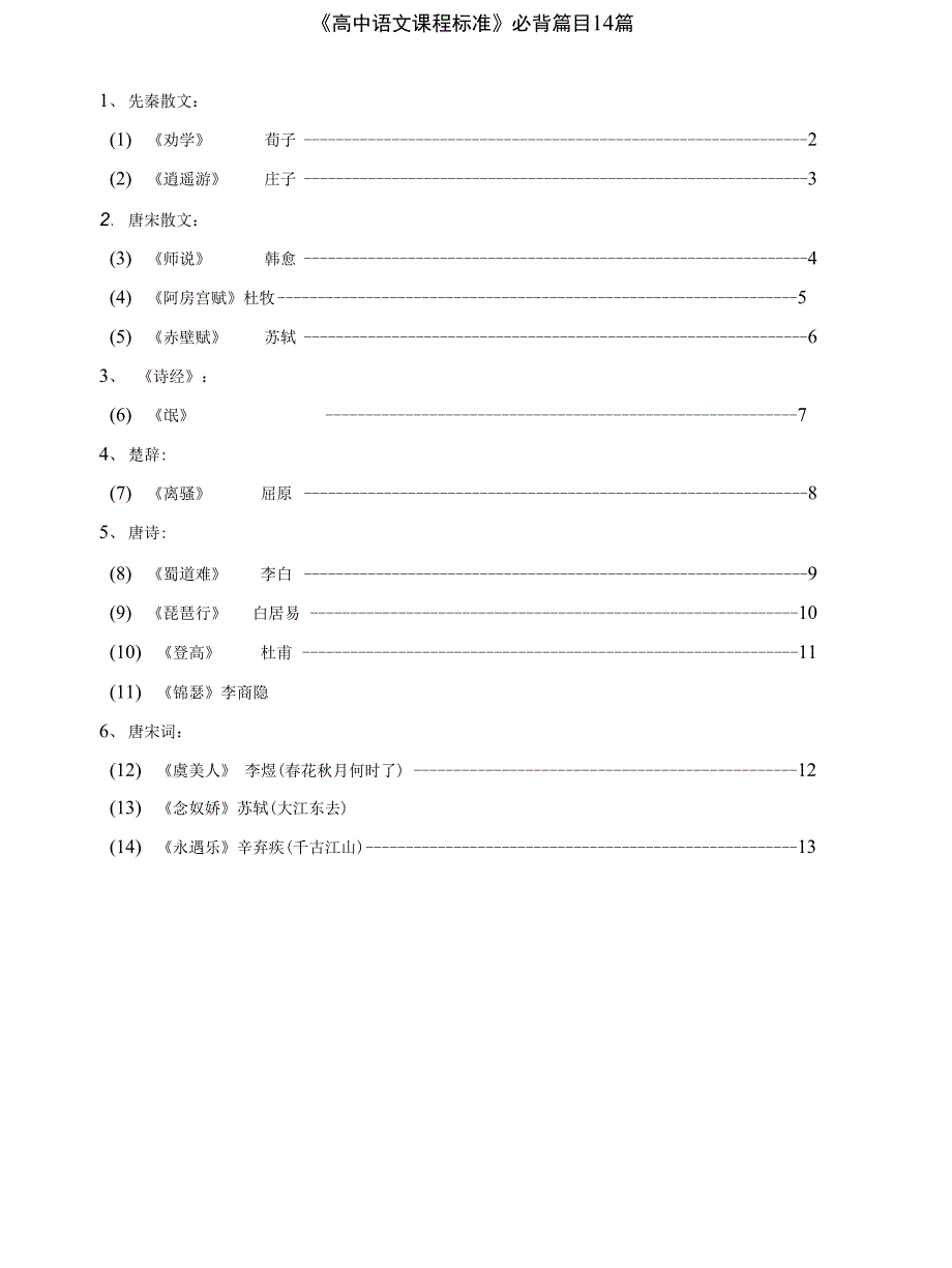 《高中语文课程标准》必背篇目14篇_第1页