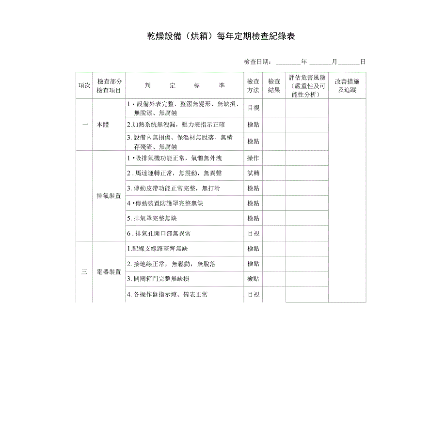 乾燥設備（烘箱）每年定期檢查紀錄表_第1页