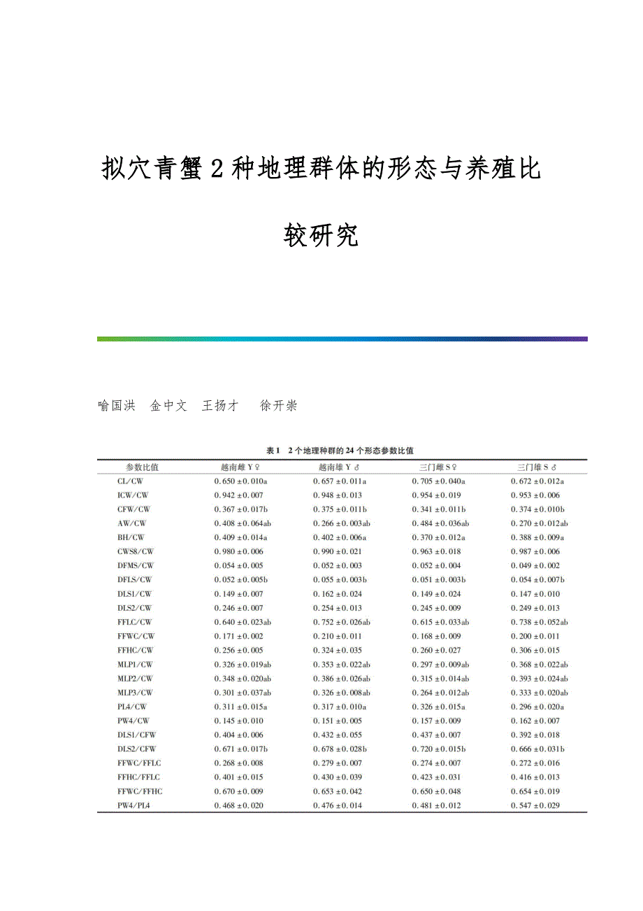 拟穴青蟹2种地理群体的形态与养殖比较研究_第1页