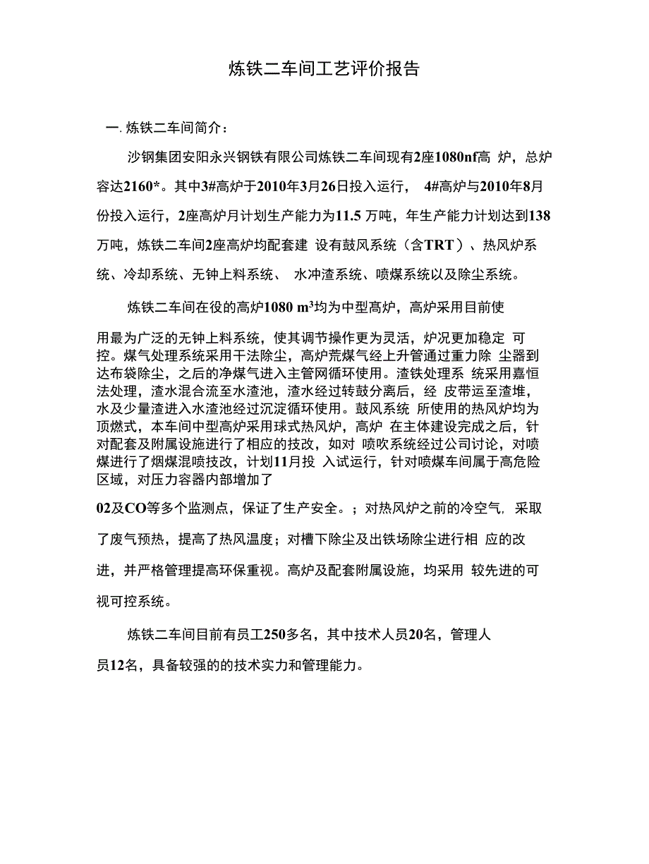 炼铁二车间工艺评价报告_第1页