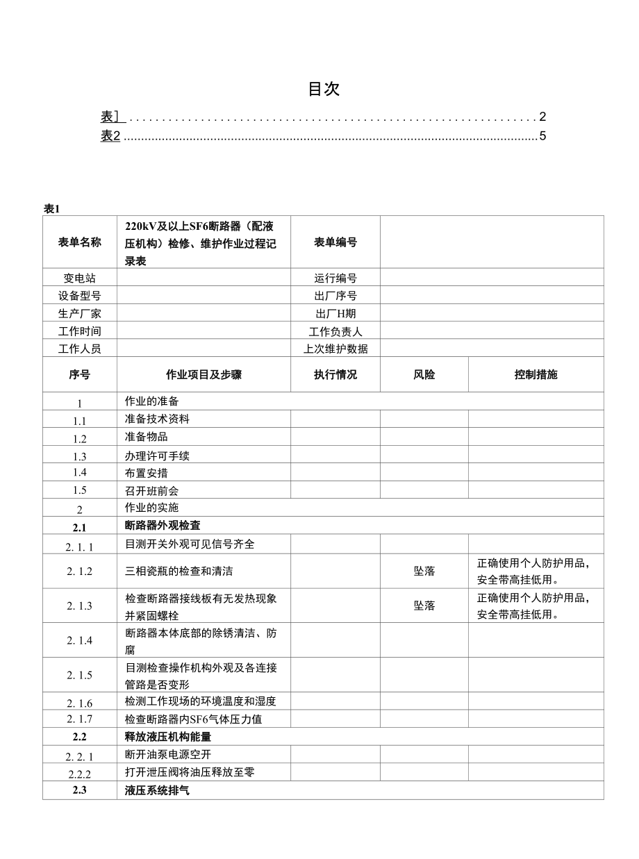 220kv及以上sf6断路器(配液压机构)检修 维护作业表单_第1页