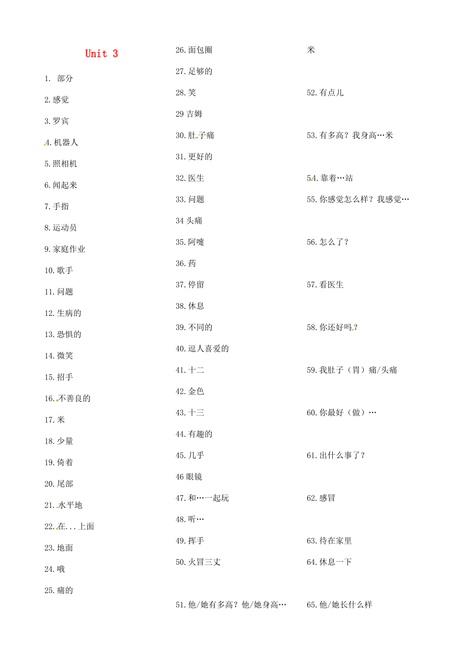 《七年级英语上册 Unit 3 Body Parts and Feelings单词短语素材 （新版）冀教版（通用）》_第1页