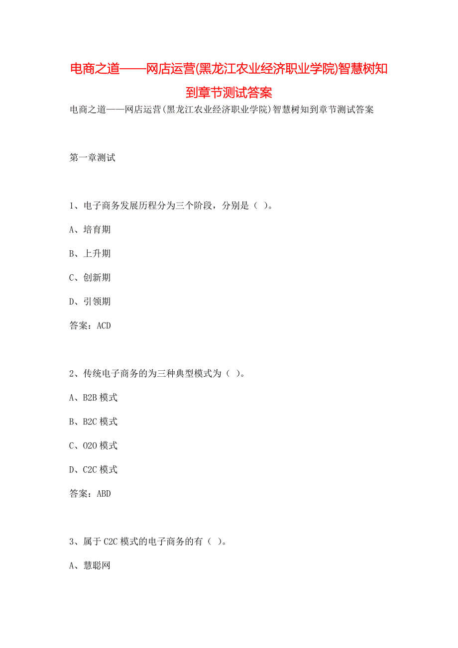 电商之道——网店运营(黑龙江农业经济职业学院)智慧树知到章节测试答案_第1页