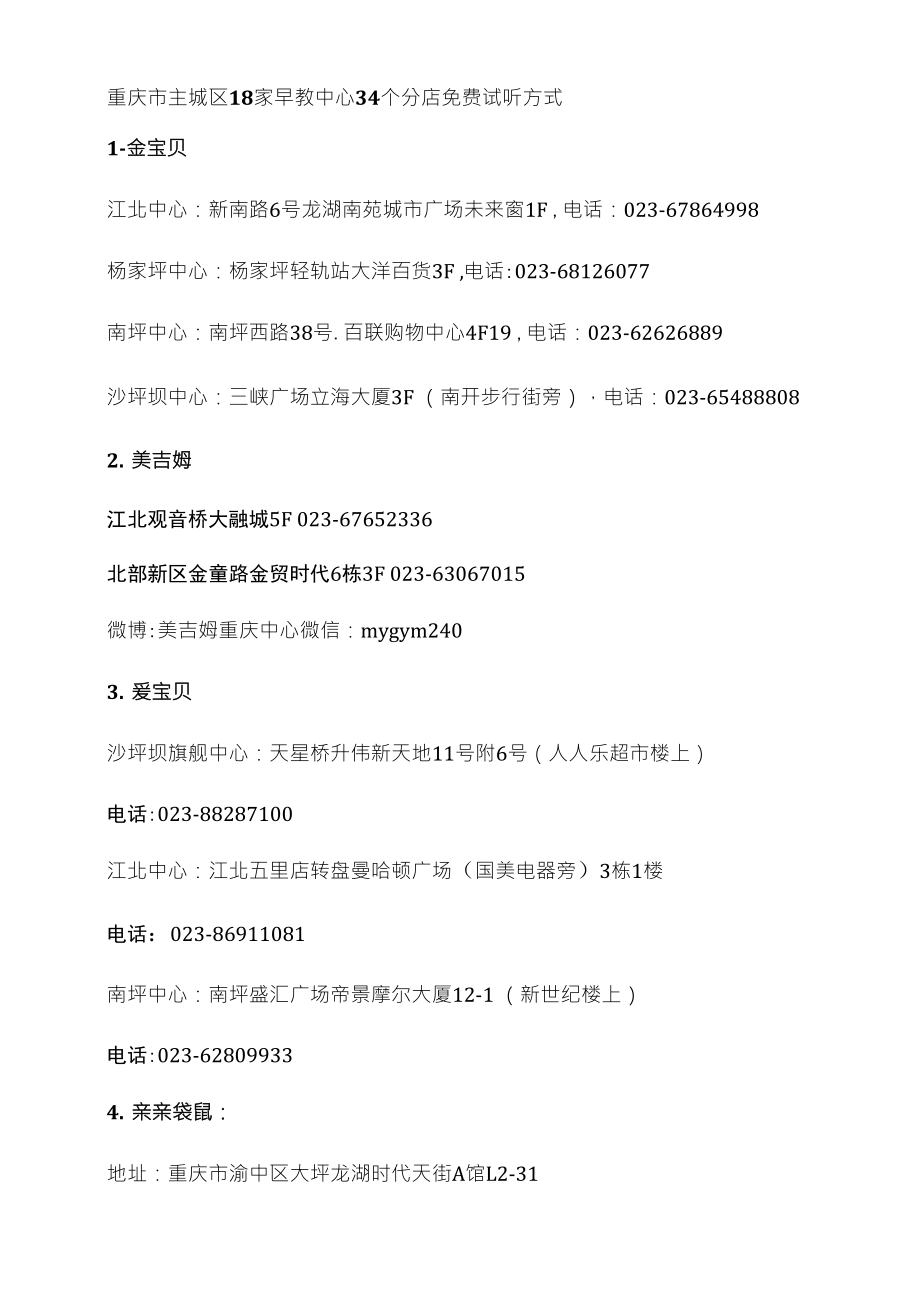重庆市主城区18家早教中心34个分店试听方式_第1页