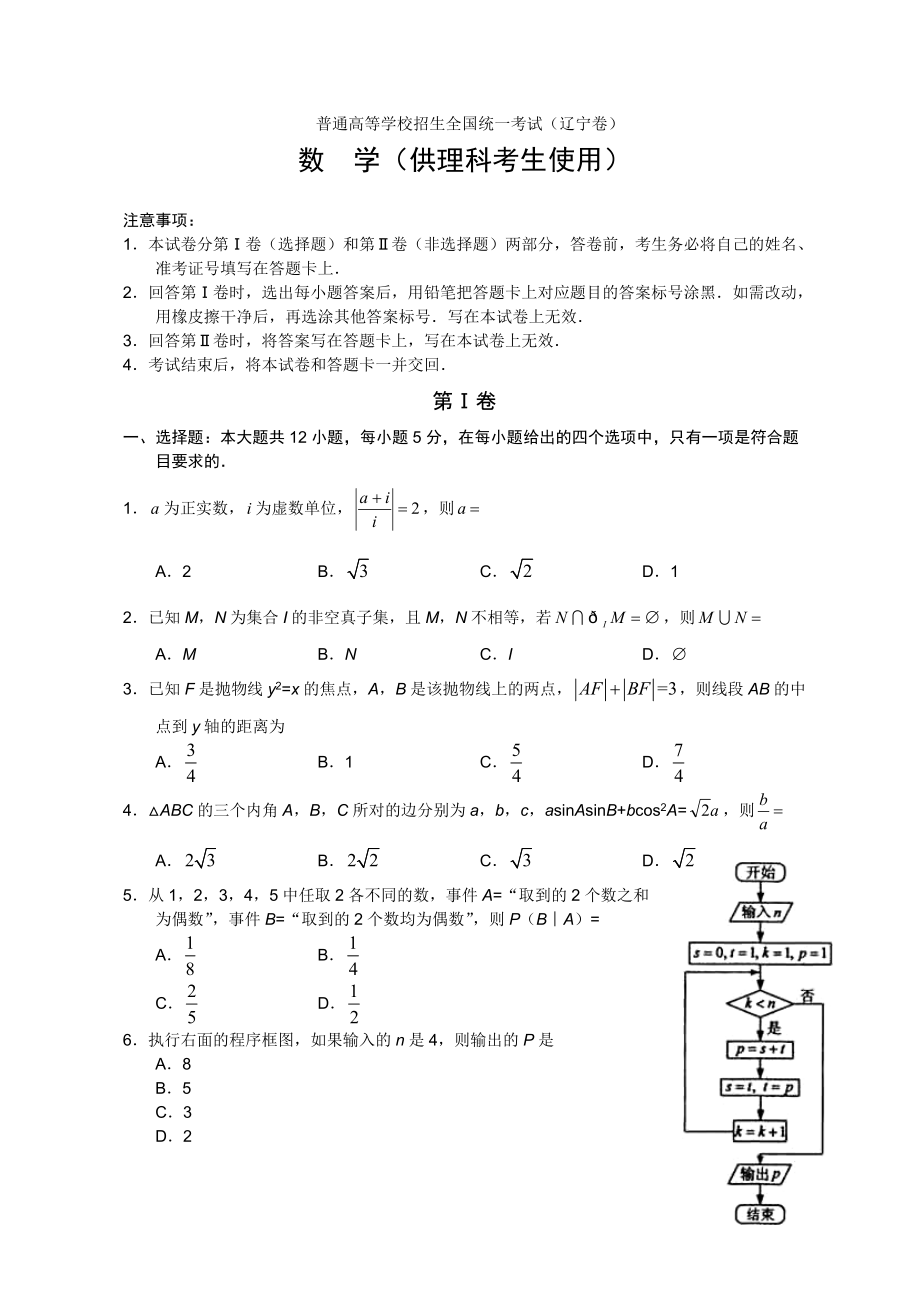 2021年全国高考理科数学试题及答案-辽宁_第1页