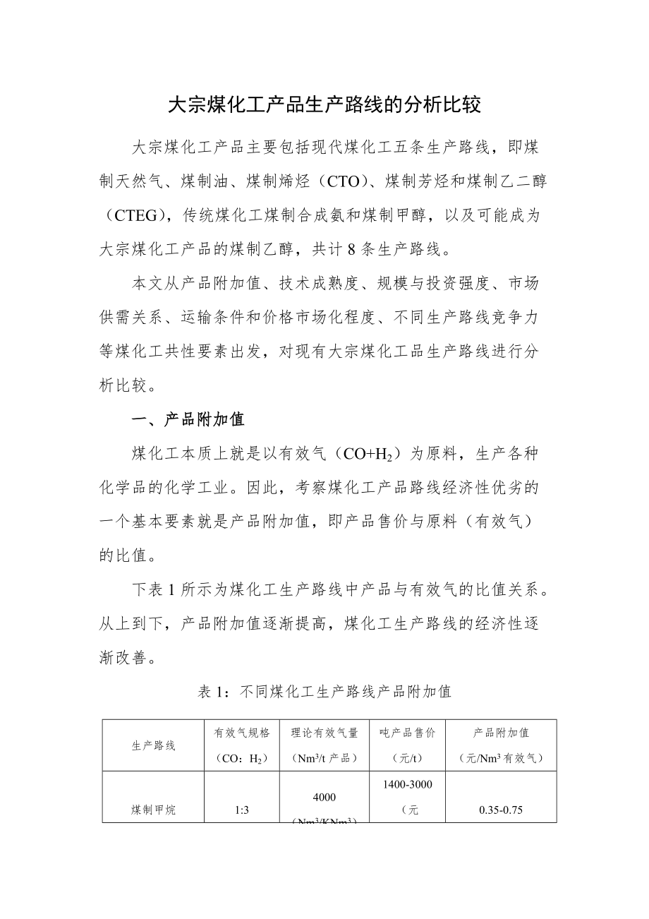 大宗煤化工产品生产路线的分析比较_第1页