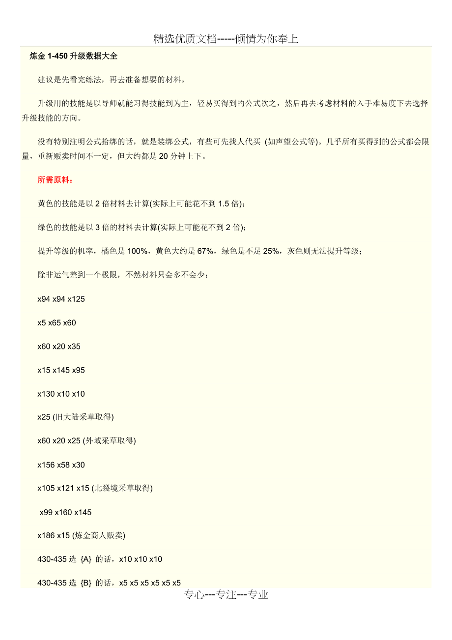 炼金1-450升级数据大全(共9页)_第1页