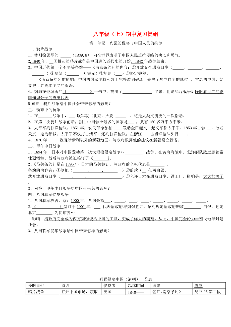 《八年级历史上册 期中复习提纲 北师大版（通用）》_第1页