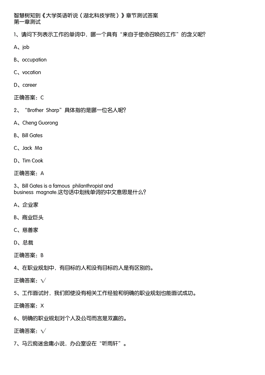 智慧树知到《大学英语听说（湖北科技学院）》章节测试答案_第1页