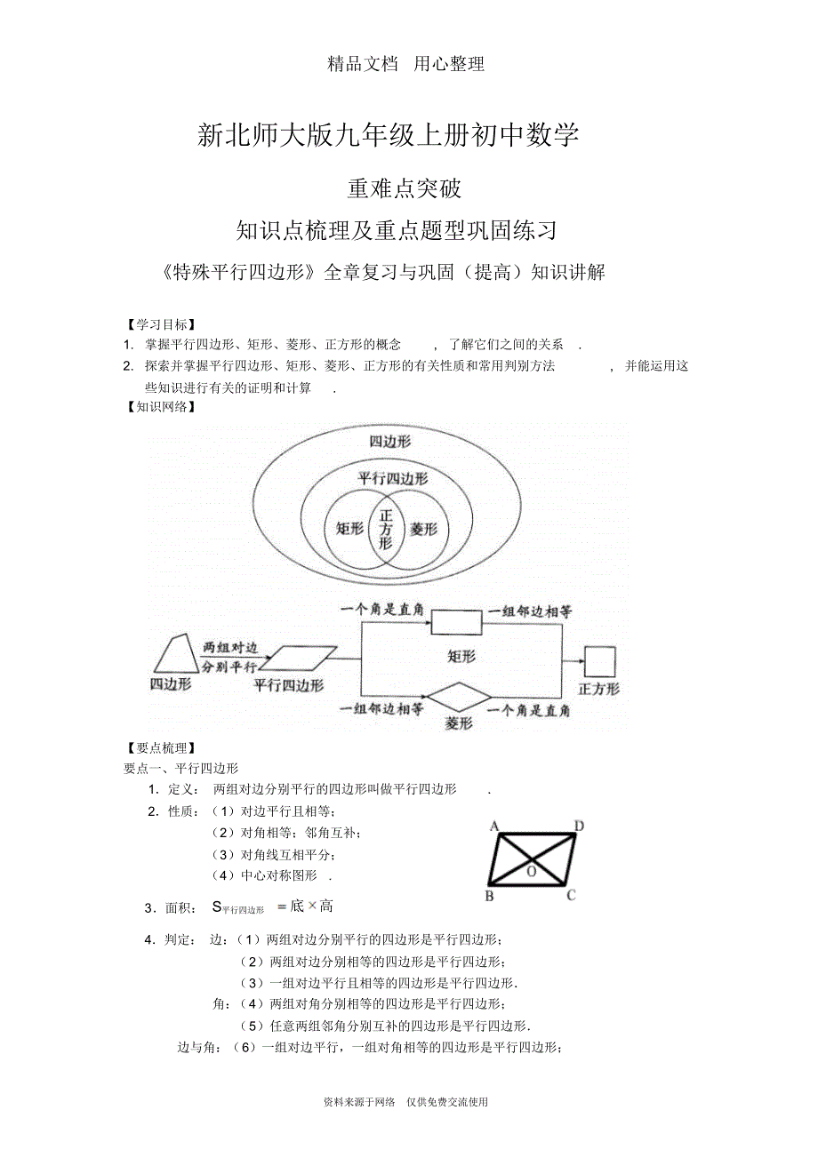 北师大版九年级上册数学[《特殊平行四边形》全章复习与巩固(提高)知识点及重点题型梳理]_第1页