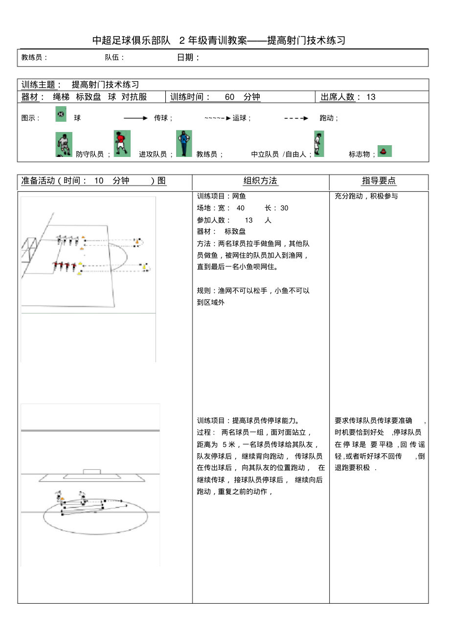 中超足球俱乐部队2年级青训教案——提高射门技术练习_第1页