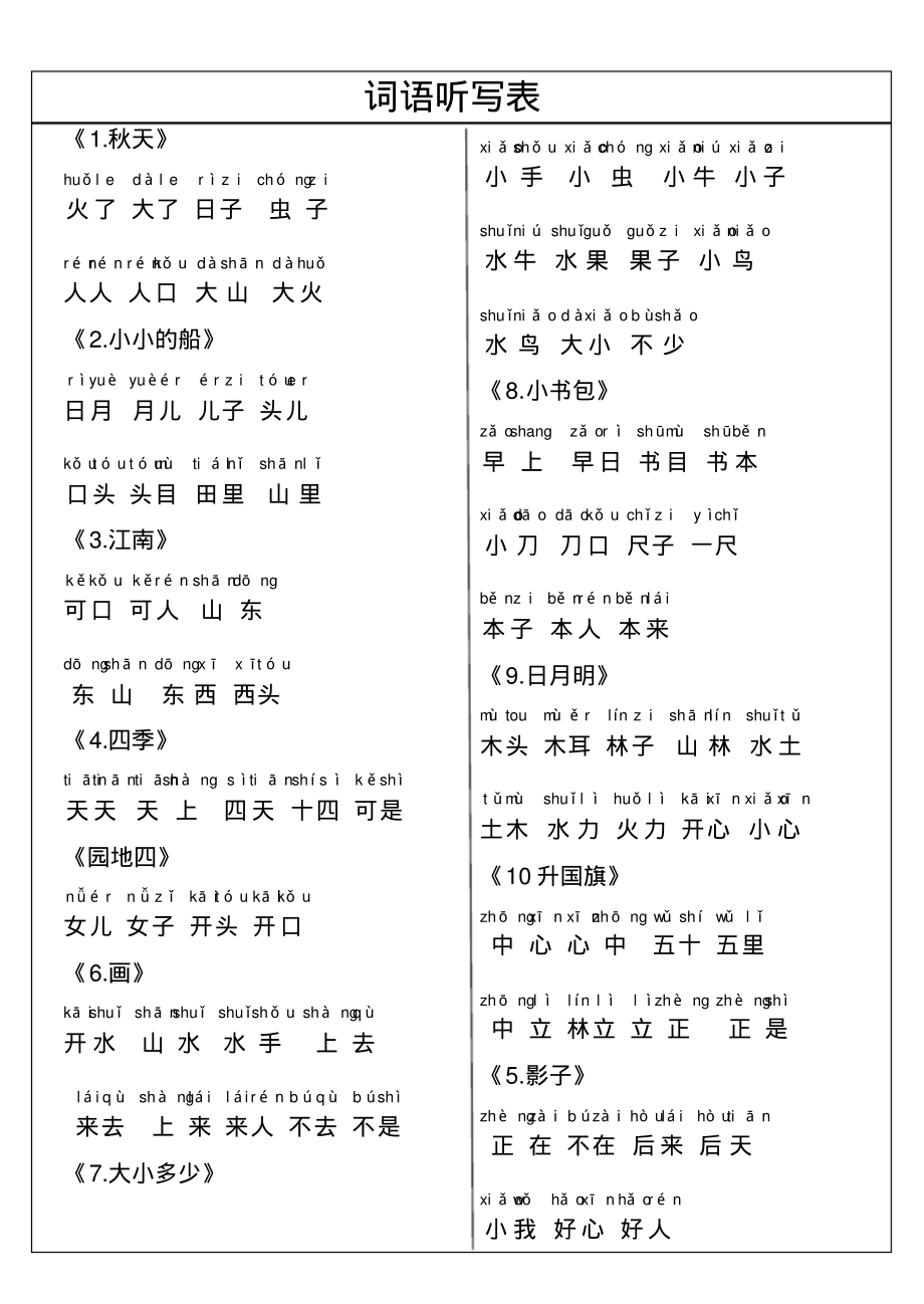 部编版一年级语文上册词语听写表(带拼音)_第1页
