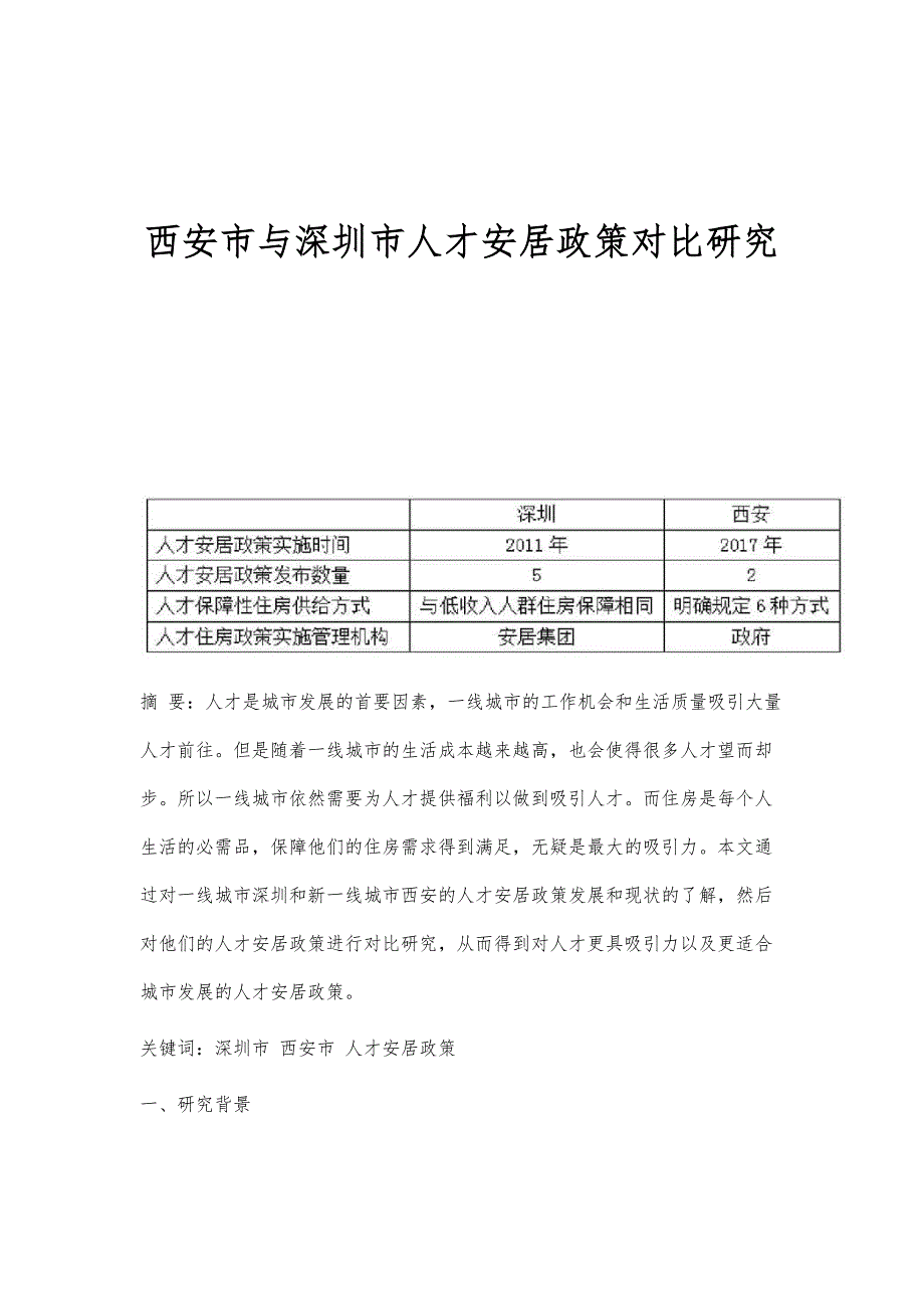 西安市与深圳市人才安居政策对比研究_第1页