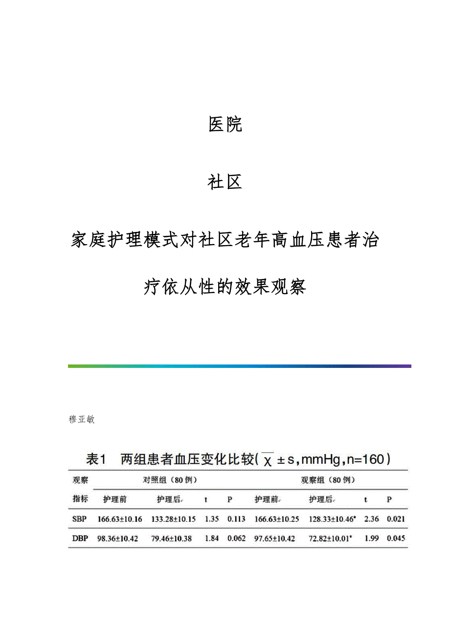 医院-社区-家庭护理模式对社区老年高血压患者治疗依从性的效果观察_第1页