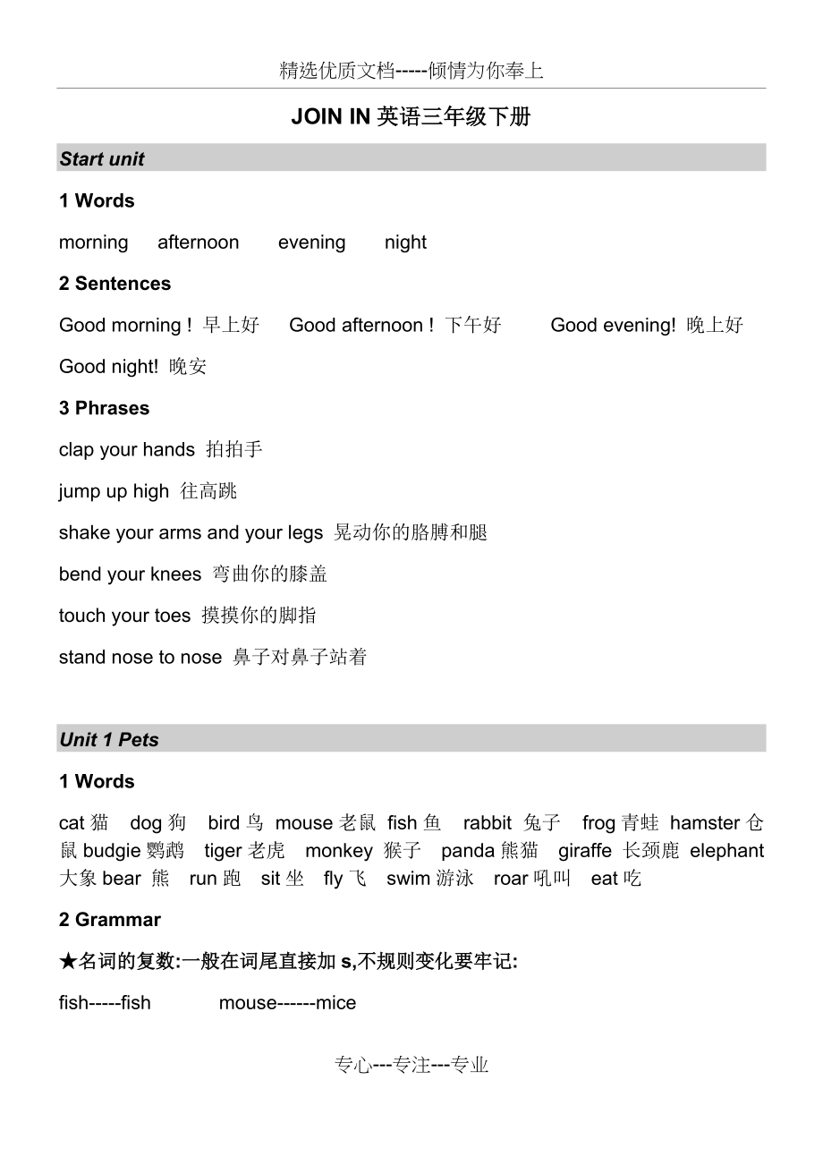 JOIN-IN英语三年级下册重点单词句型(共7页)_第1页