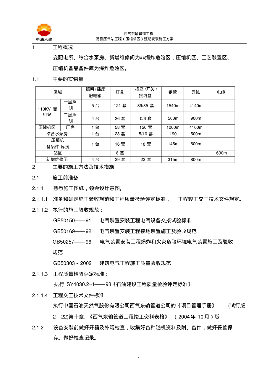 西气东输管道工程蒲县压气站照明安装施工方案_第1页