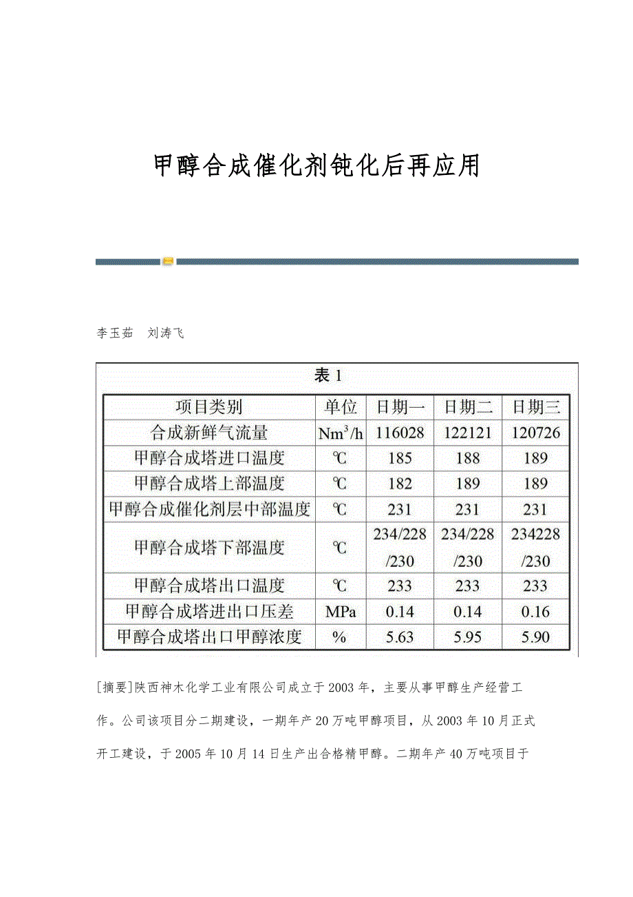 甲醇合成催化剂钝化后再应用_第1页
