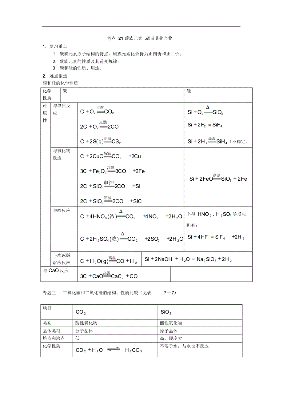 高考化学58个考点精讲考点21碳族元素碳及其化合物_第1页