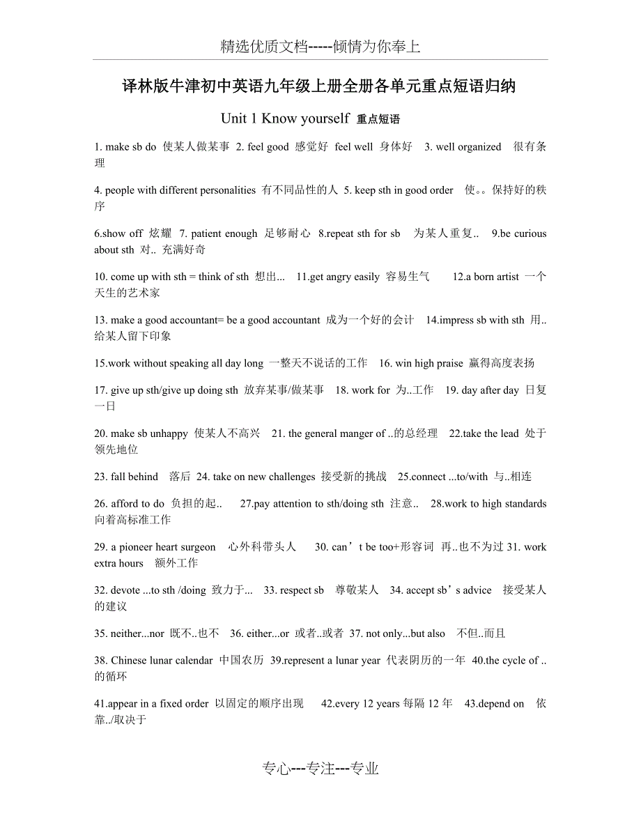译林版牛津初中英语九年级上册全册各单元重点短语归纳(共11页)_第1页