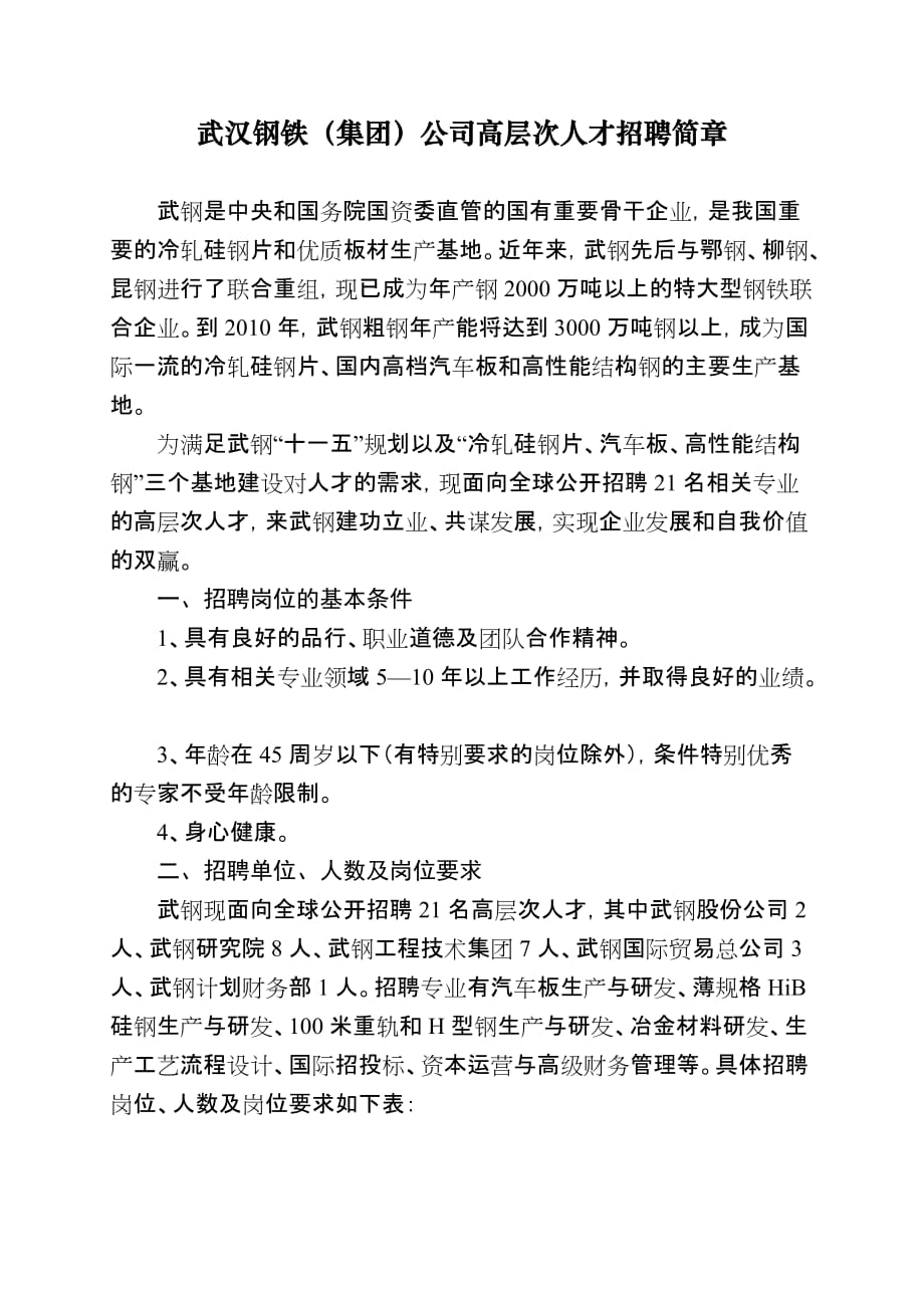 [精选]武汉钢铁（集团）公司高层次人才招聘简章_第1页