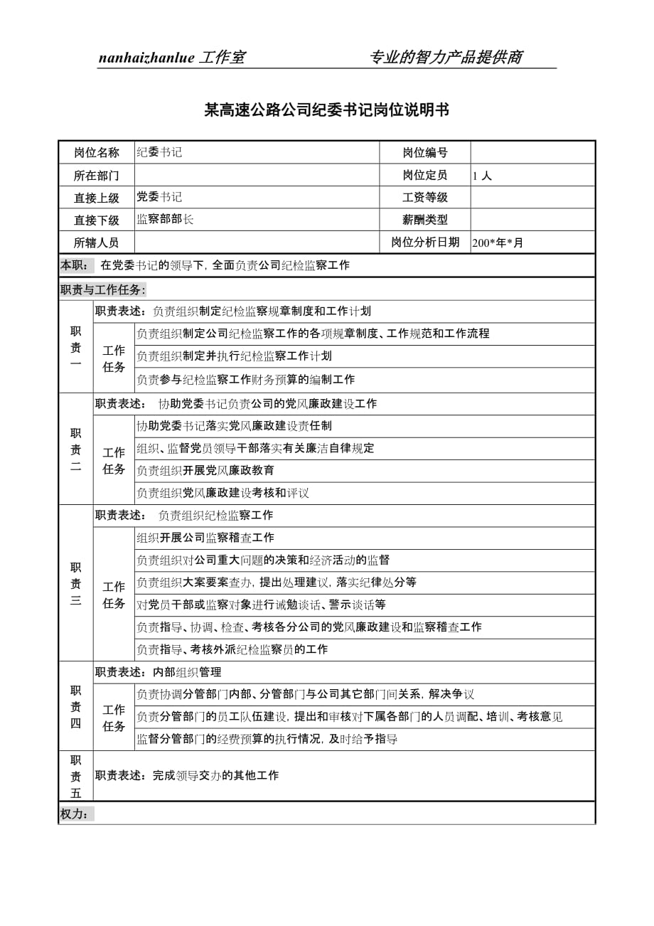 [精选]某高速公路公司纪委书记岗位说明书_第1页