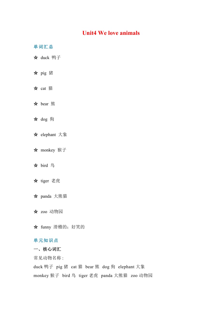 三年级英语上册讲练-Unit4 We love animals知识点总结 练习 人教PEP版 含答案_第1页