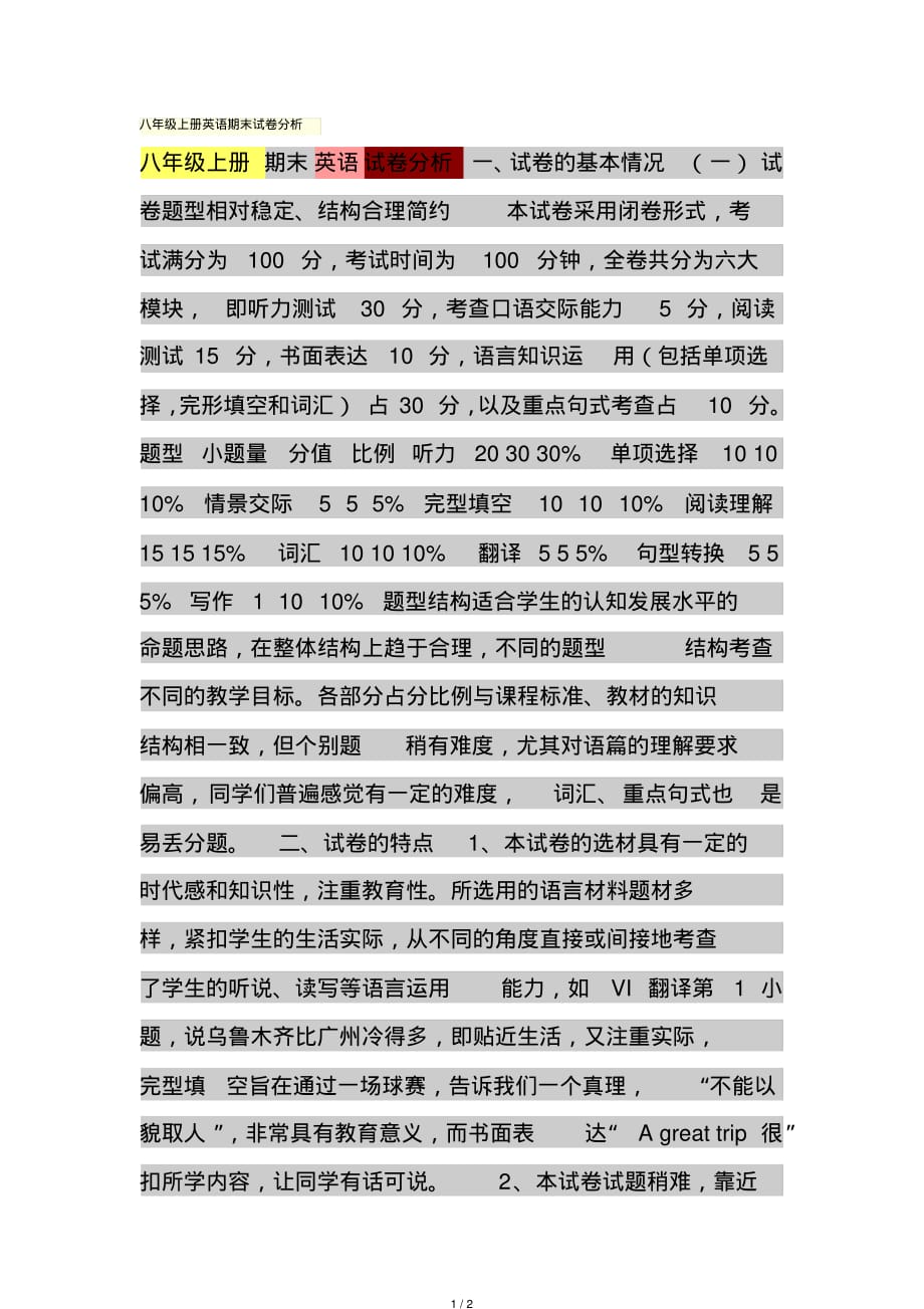 八年级上册英语期末试卷分析[荐]_第1页