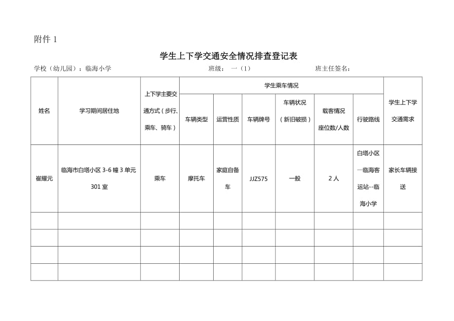 学生上下学交通安全情况排查登记表(样表)4页_第1页