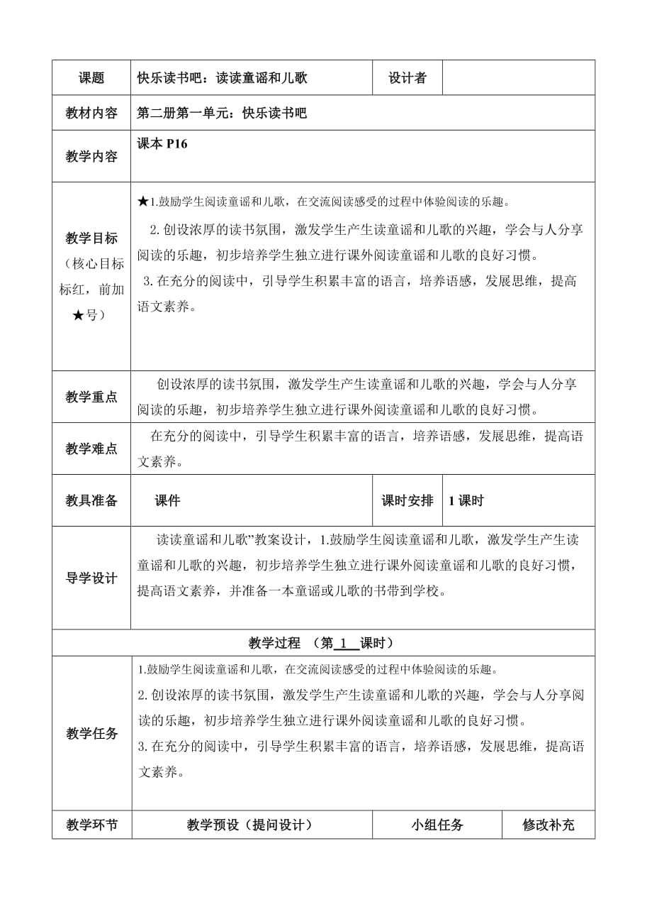 2021春季统编版小学语文二年级下册-第一单元-（教案2）快乐读书吧：读读童谣和儿歌（含反思）_第1页