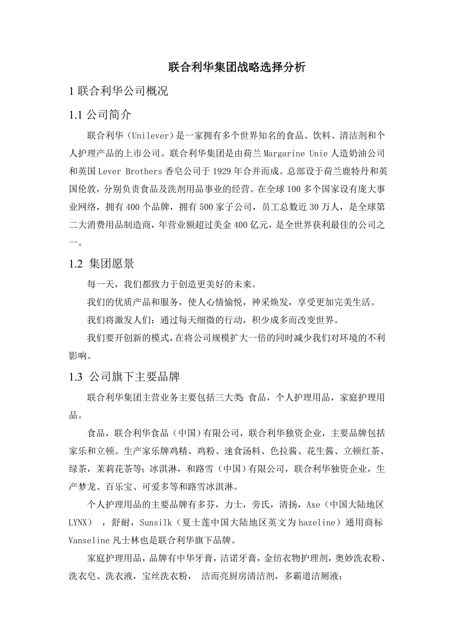 联合利华集团战略选择分析11页_第1页