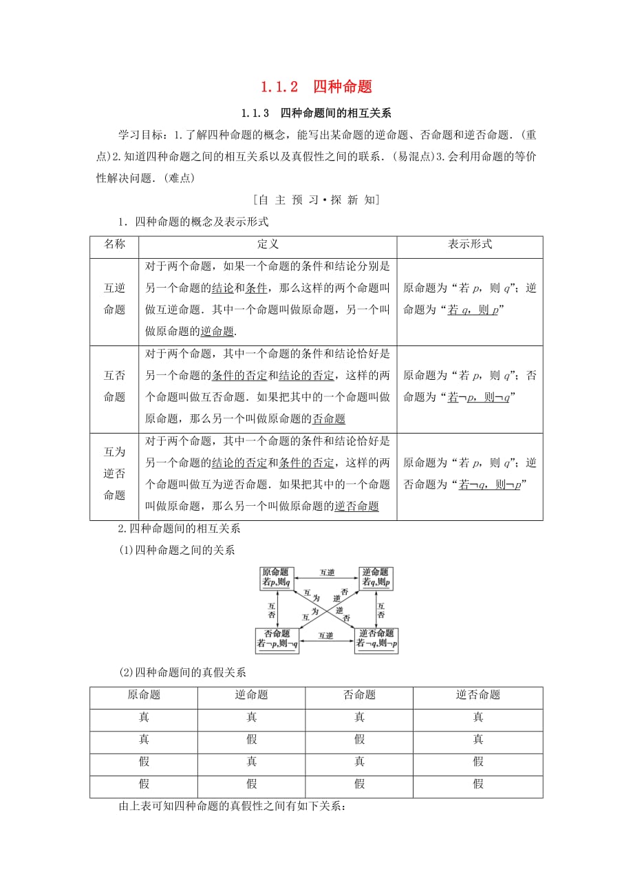高中数学常用逻辑用语命题及其关系四种命题四种命题间的相互关系学案(总7页)_第1页