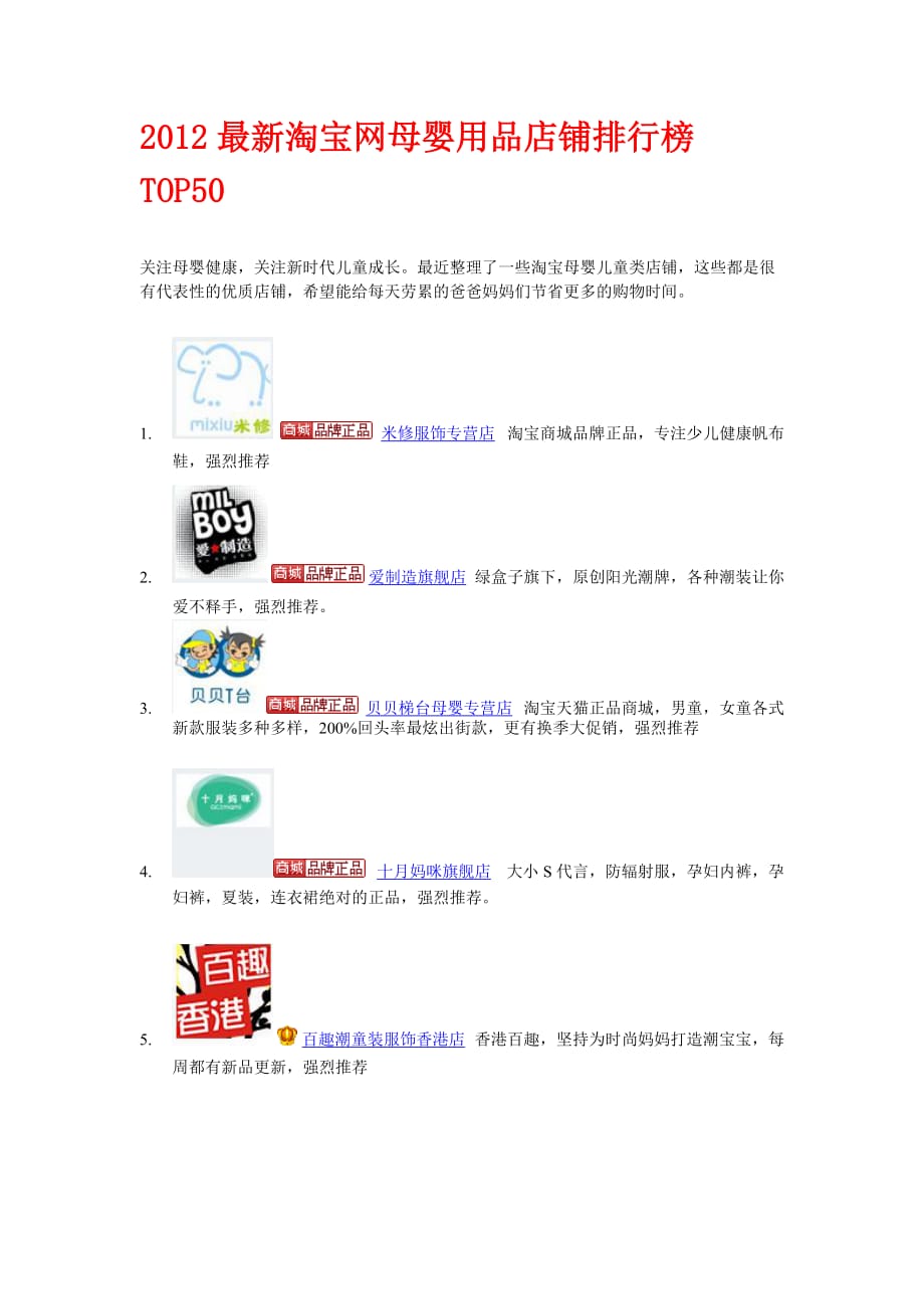 2012最新淘宝网母婴用品店铺排行榜TOP50强烈推荐_第1页
