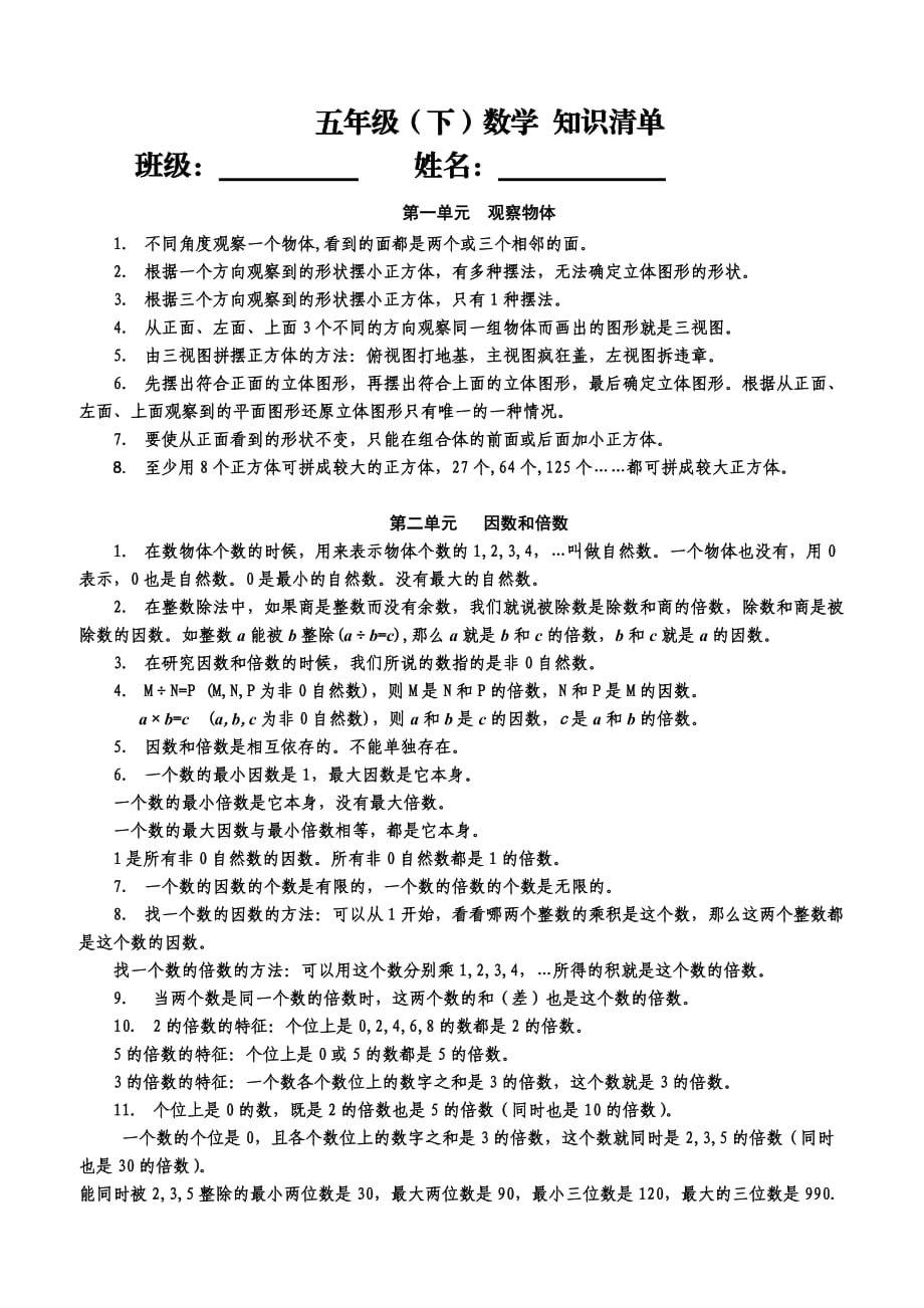 人教版数学五年级下知识总结清单_第1页
