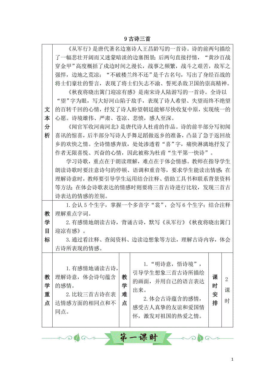最新部编版五年级语文下册（精编）9 古诗三首（教案）_第1页