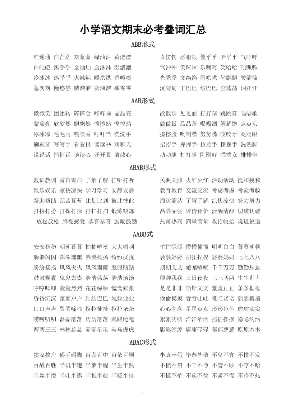 小学语文期末必考《叠词》汇总（ABB、AAB、AABB、ABAB、ABAC等七种形式）（直接打印每生一份熟读熟记）_第1页