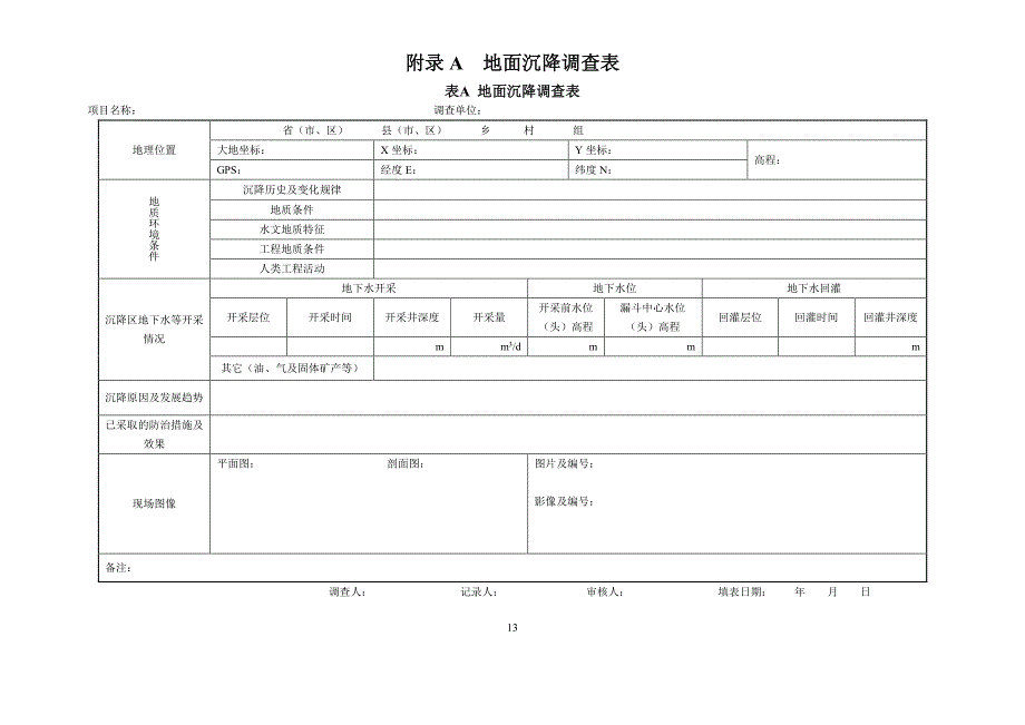地面沉降、地裂缝调查表、传感光缆和传感器检查表、布设方法、光纤监测施工、数据记录表_第1页
