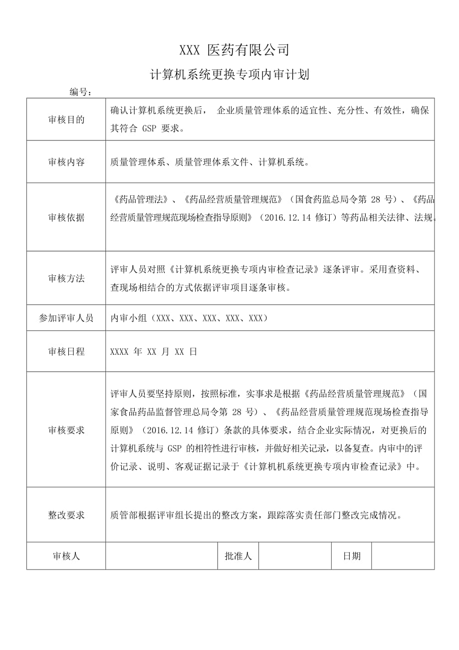 药品经营企业公司计算机系统更换专项内审（内审计划、内审检查记录、内审报告）_第1页