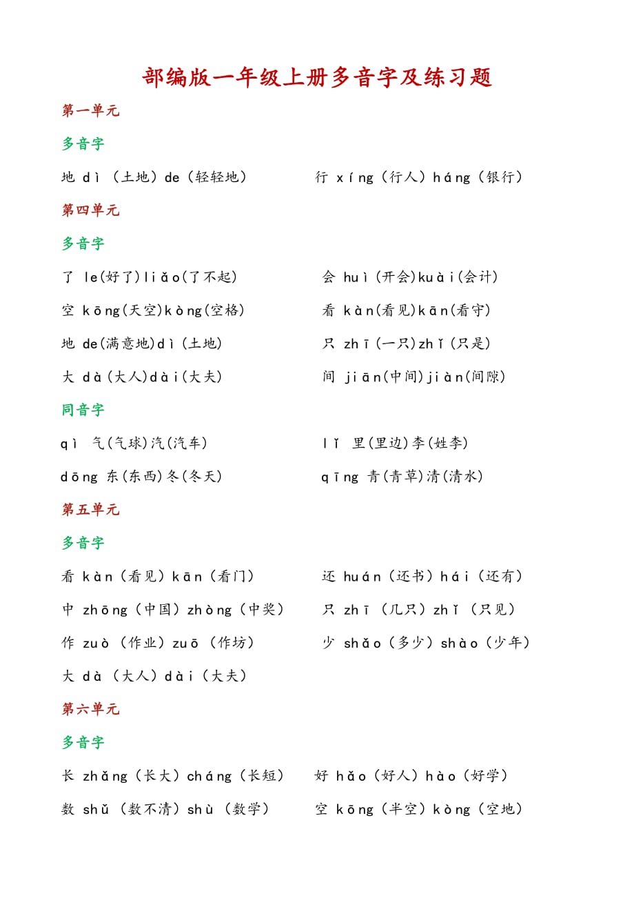 部编版小学语文1年级上册多音字汇总_第1页