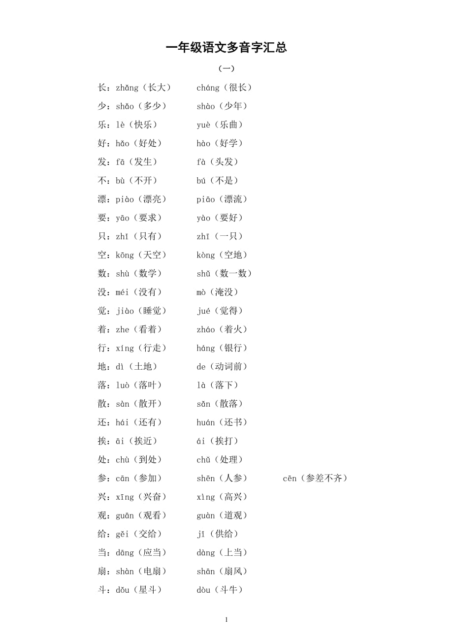 小学语文部编版一年级下册《多音字》汇总（带组词）_第1页