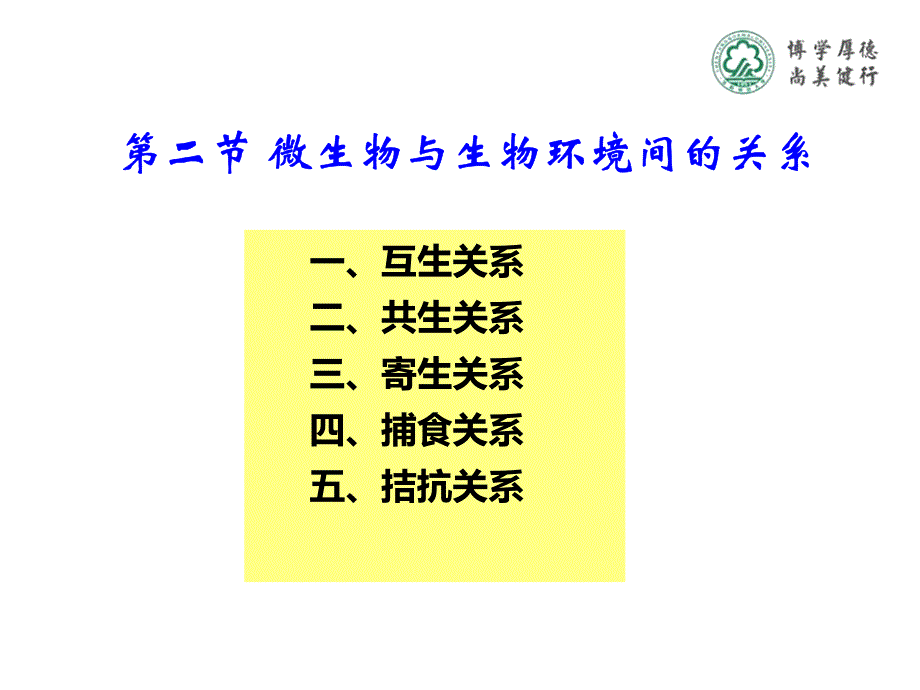 一、互生关系二、共生关系三、寄生关系四、捕食关系五、_第1页