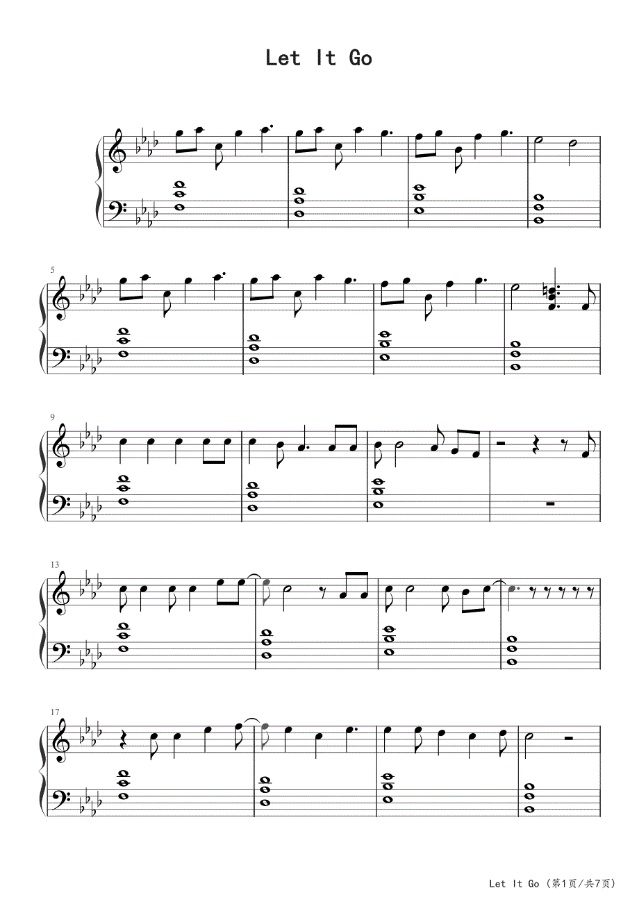 Let It Go 随他吧钢琴谱五线谱_第1页