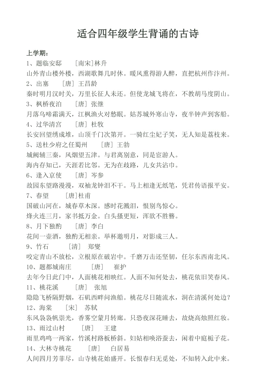 【推荐】适合小学四年级学生背诵的古诗40篇（word可编辑）_第1页